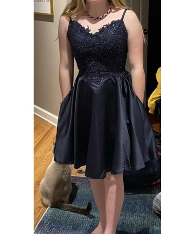 Short Lace Beaded Homecoming Dresses Spaghetti Strap Satin Evening Prom Gowns with Pockets Dark Blue $33.59 Dresses