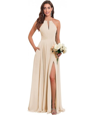 Women's Halter Chiffon Bridesmaid Dresses with Slit Long Pleated Evening Dress Formal Party Gowns Champagne $25.48 Dresses