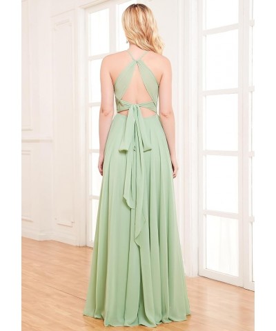 Women's Halter Chiffon Bridesmaid Dresses with Slit Long Pleated Evening Dress Formal Party Gowns Champagne $25.48 Dresses