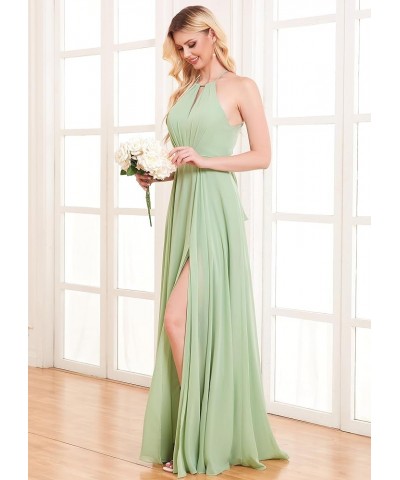 Women's Halter Chiffon Bridesmaid Dresses with Slit Long Pleated Evening Dress Formal Party Gowns Champagne $25.48 Dresses