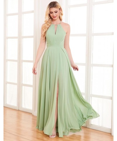 Women's Halter Chiffon Bridesmaid Dresses with Slit Long Pleated Evening Dress Formal Party Gowns Champagne $25.48 Dresses