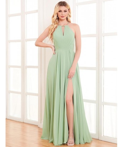 Women's Halter Chiffon Bridesmaid Dresses with Slit Long Pleated Evening Dress Formal Party Gowns Champagne $25.48 Dresses