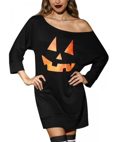 Women's Halloween 3/4 Sleeve Off Shoulder Tops Pumpkin Lantern Black $10.75 Tops