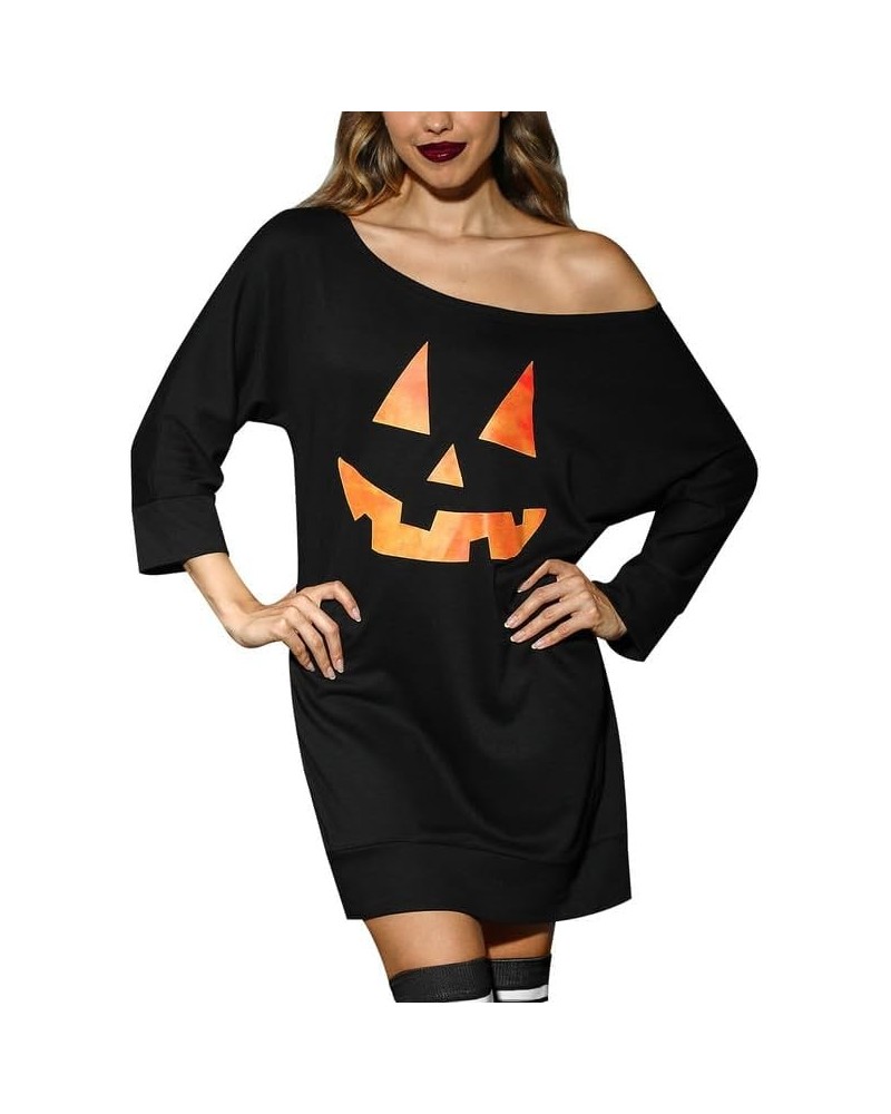 Women's Halloween 3/4 Sleeve Off Shoulder Tops Pumpkin Lantern Black $10.75 Tops