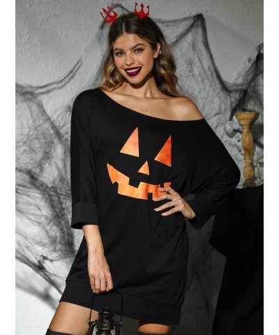 Women's Halloween 3/4 Sleeve Off Shoulder Tops Pumpkin Lantern Black $10.75 Tops