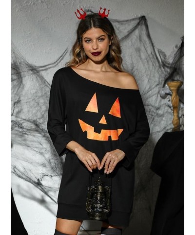 Women's Halloween 3/4 Sleeve Off Shoulder Tops Pumpkin Lantern Black $10.75 Tops