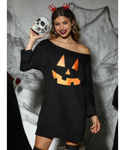 Women's Halloween 3/4 Sleeve Off Shoulder Tops Pumpkin Lantern Black $10.75 Tops