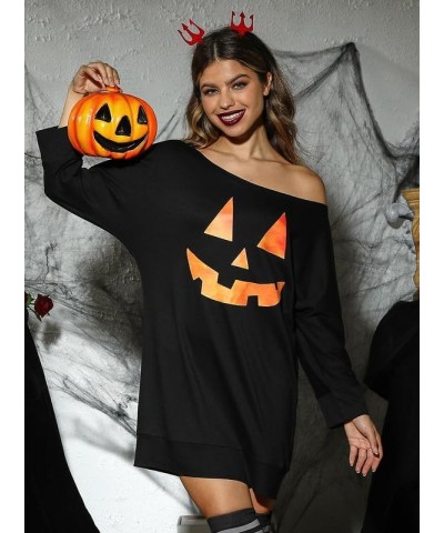 Women's Halloween 3/4 Sleeve Off Shoulder Tops Pumpkin Lantern Black $10.75 Tops