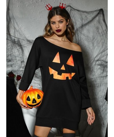 Women's Halloween 3/4 Sleeve Off Shoulder Tops Pumpkin Lantern Black $10.75 Tops