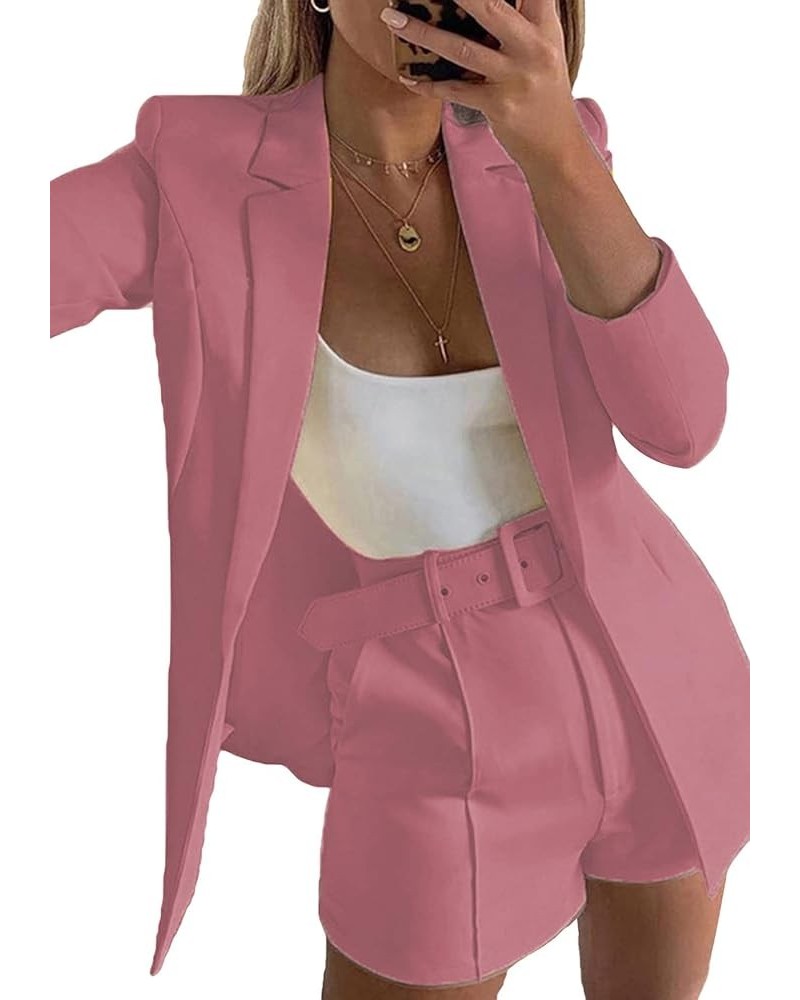 2 Piece Outfits for Women Long Sleeve Solid Open Front Blazer Shorts with Belt Casual Elegant Business Suit Sets Pink $25.33 ...