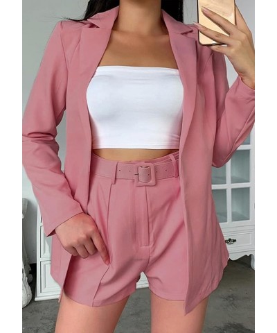 2 Piece Outfits for Women Long Sleeve Solid Open Front Blazer Shorts with Belt Casual Elegant Business Suit Sets Pink $25.33 ...