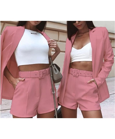 2 Piece Outfits for Women Long Sleeve Solid Open Front Blazer Shorts with Belt Casual Elegant Business Suit Sets Pink $25.33 ...