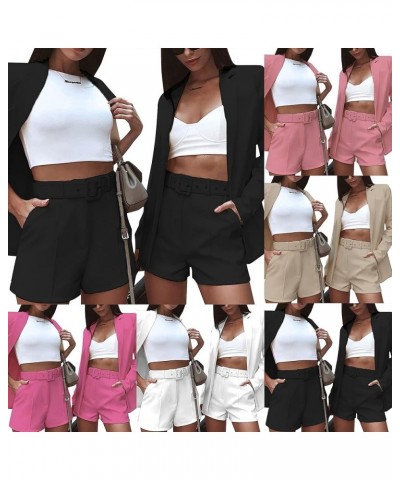 2 Piece Outfits for Women Long Sleeve Solid Open Front Blazer Shorts with Belt Casual Elegant Business Suit Sets Pink $25.33 ...