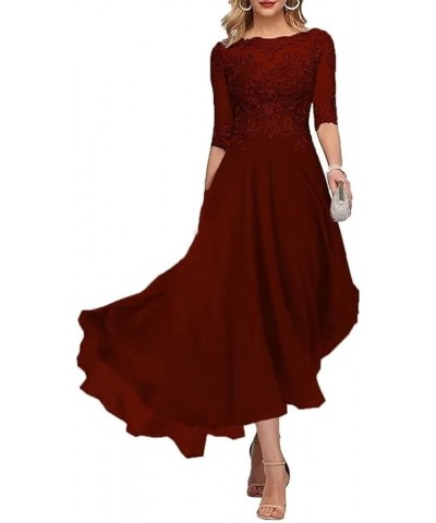 Laces Mother of Bride Dresses with Sleeves A-Line Chiffon Formal Evening Gown Burgundy $30.10 Dresses