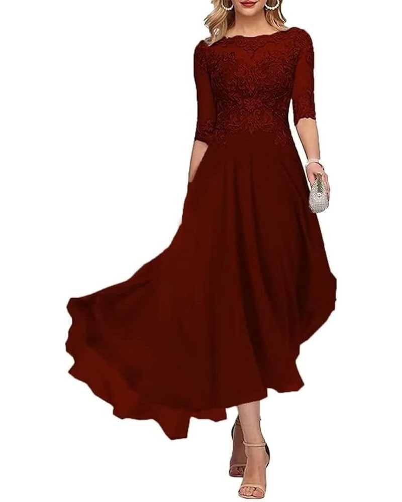 Laces Mother of Bride Dresses with Sleeves A-Line Chiffon Formal Evening Gown Burgundy $30.10 Dresses