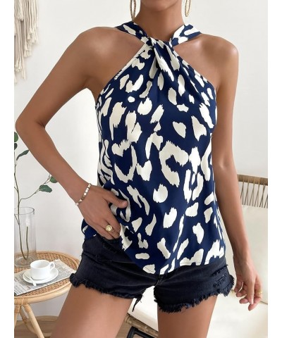 Women's Sleeveless Satin Tank Top Backless Tie Back Solid Halter Blouse Graphic Blue $18.59 Tanks