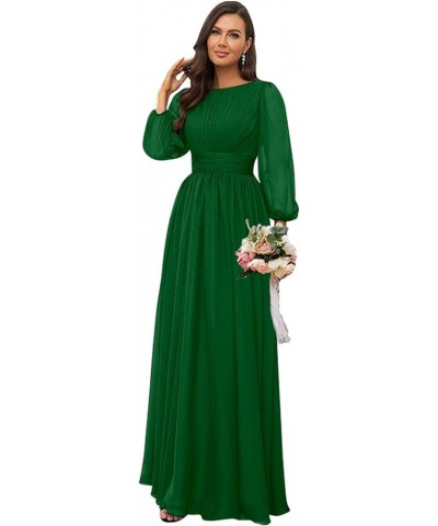 Women's Crew Neck Bridesmaid Dresses Long Sleeves Chiffon Pleated Formal Party Gown Emerald Green $29.69 Dresses