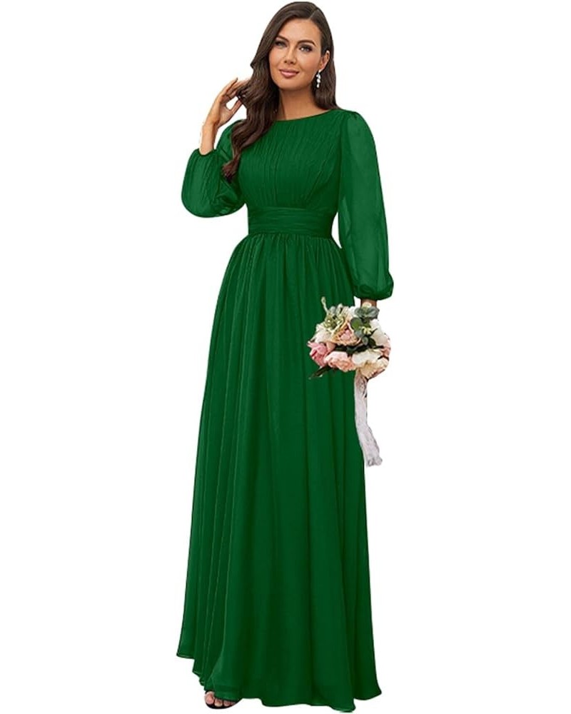 Women's Crew Neck Bridesmaid Dresses Long Sleeves Chiffon Pleated Formal Party Gown Emerald Green $29.69 Dresses