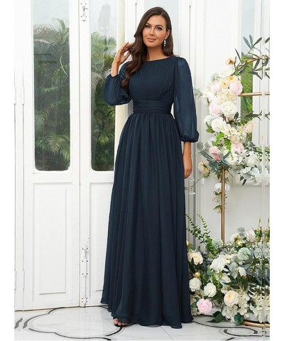 Women's Crew Neck Bridesmaid Dresses Long Sleeves Chiffon Pleated Formal Party Gown Emerald Green $29.69 Dresses