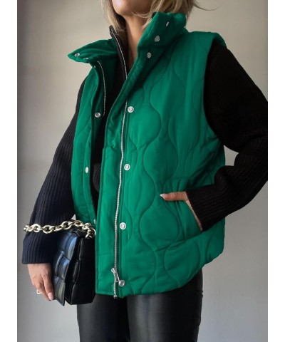 Cropped Puffer Vest Women Lightweight Quilted Stand Collar Sleeveless Jackets Fall Button Zip Up Warm Coat Outerwear B1 Green...