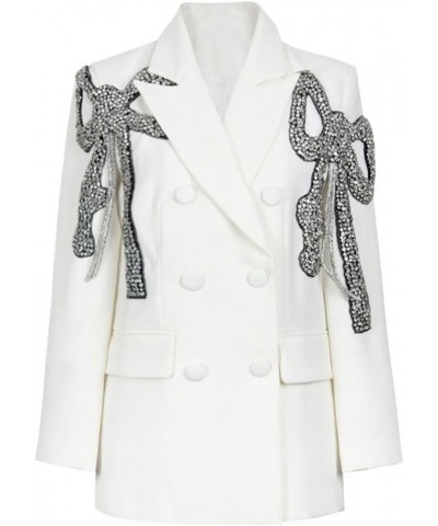 Women's Blazer Fashion Sparkling Rhinestone Bow Wedding Suit Jacket Casual Business Dinner Double Breasted Top Coat White $77...