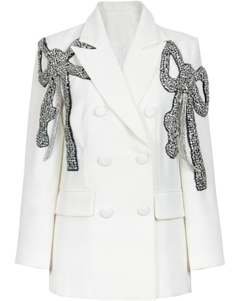 Women's Blazer Fashion Sparkling Rhinestone Bow Wedding Suit Jacket Casual Business Dinner Double Breasted Top Coat White $77...