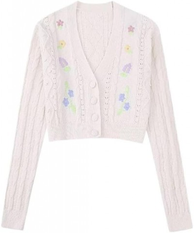 2023 Women's Summer New V-Neck Long-Sleeved Flower Embroidery Sweater Loose Knit Cardigan Sweater White $23.97 Sweaters