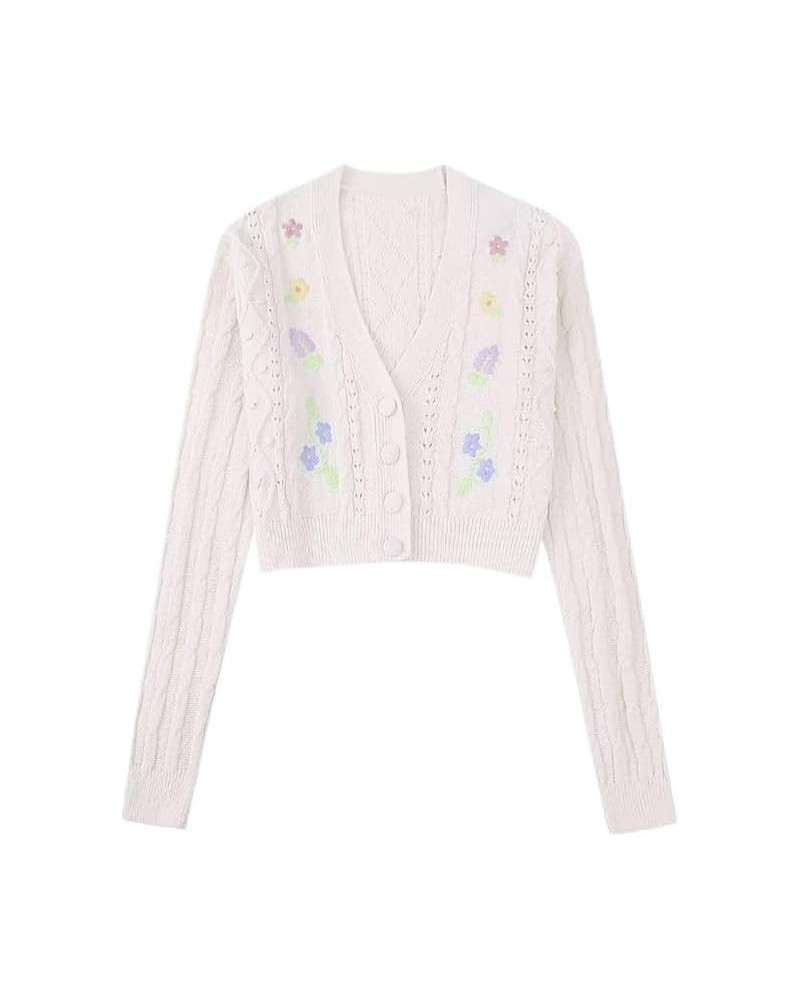 2023 Women's Summer New V-Neck Long-Sleeved Flower Embroidery Sweater Loose Knit Cardigan Sweater White $23.97 Sweaters