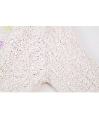 2023 Women's Summer New V-Neck Long-Sleeved Flower Embroidery Sweater Loose Knit Cardigan Sweater White $23.97 Sweaters