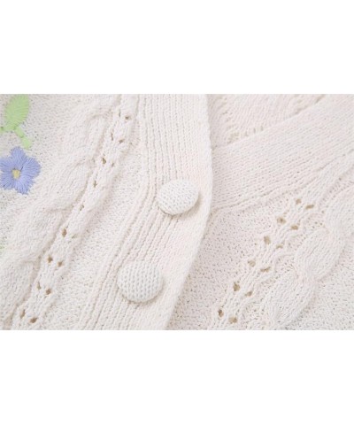 2023 Women's Summer New V-Neck Long-Sleeved Flower Embroidery Sweater Loose Knit Cardigan Sweater White $23.97 Sweaters