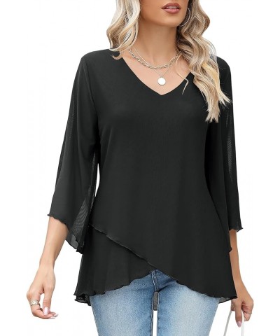 Women's 3/4 Sleeve Tunic Top Dressy V Neck Mesh Blouse Double Layered Shirt with Leggings Black $15.89 Blouses