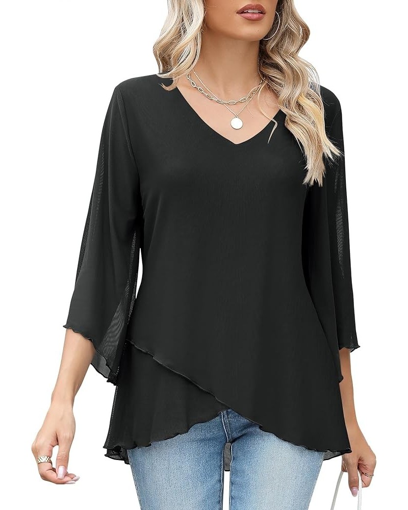 Women's 3/4 Sleeve Tunic Top Dressy V Neck Mesh Blouse Double Layered Shirt with Leggings Black $15.89 Blouses