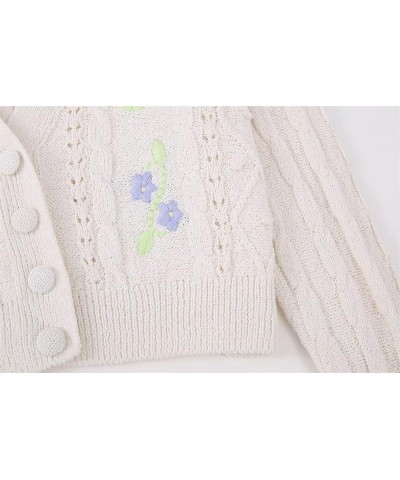 2023 Women's Summer New V-Neck Long-Sleeved Flower Embroidery Sweater Loose Knit Cardigan Sweater White $23.97 Sweaters