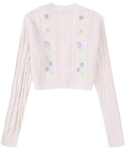 2023 Women's Summer New V-Neck Long-Sleeved Flower Embroidery Sweater Loose Knit Cardigan Sweater White $23.97 Sweaters