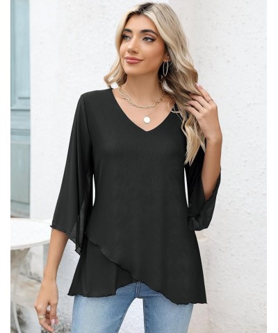 Women's 3/4 Sleeve Tunic Top Dressy V Neck Mesh Blouse Double Layered Shirt with Leggings Black $15.89 Blouses