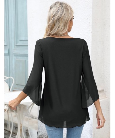 Women's 3/4 Sleeve Tunic Top Dressy V Neck Mesh Blouse Double Layered Shirt with Leggings Black $15.89 Blouses