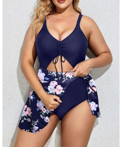 Women Plus Size One Piece Swimsuits with Skirt V Neck Floral Printed Swimdress Cutout Bathing Suits Navy Blue Floral $17.63 S...