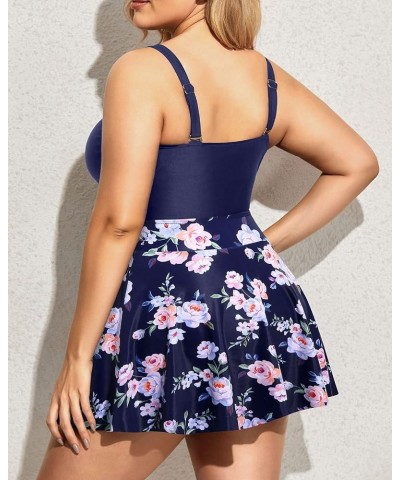 Women Plus Size One Piece Swimsuits with Skirt V Neck Floral Printed Swimdress Cutout Bathing Suits Navy Blue Floral $17.63 S...