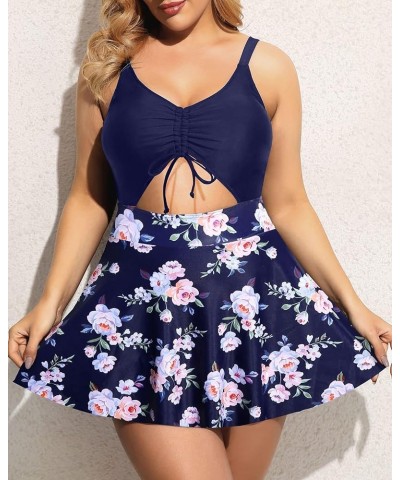 Women Plus Size One Piece Swimsuits with Skirt V Neck Floral Printed Swimdress Cutout Bathing Suits Navy Blue Floral $17.63 S...