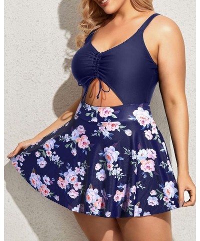 Women Plus Size One Piece Swimsuits with Skirt V Neck Floral Printed Swimdress Cutout Bathing Suits Navy Blue Floral $17.63 S...