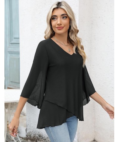 Women's 3/4 Sleeve Tunic Top Dressy V Neck Mesh Blouse Double Layered Shirt with Leggings Black $15.89 Blouses