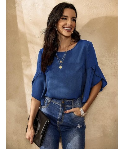 Women's Tops Casual Solid Color Comfortable Loose Ruffle Lotus Flare Tiered Sleeve Top Blouse T-Shirt Office wear Blue $19.24...