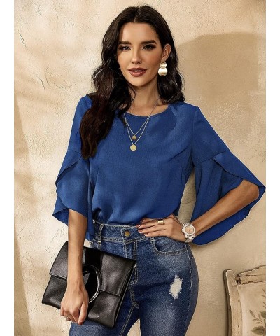 Women's Tops Casual Solid Color Comfortable Loose Ruffle Lotus Flare Tiered Sleeve Top Blouse T-Shirt Office wear Blue $19.24...