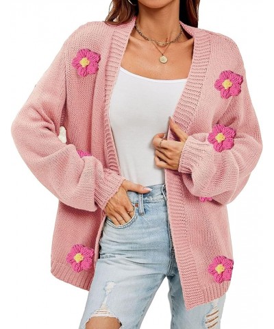 Women's Flower Cardigan Lantern Sleeve Sweater Flower Applique Open Front Knit Cardigan Sweater Floral Fit Knit Outfit Pink $...