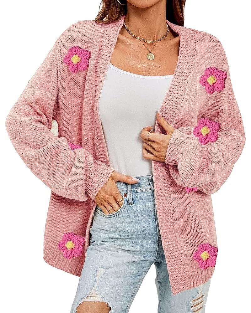 Women's Flower Cardigan Lantern Sleeve Sweater Flower Applique Open Front Knit Cardigan Sweater Floral Fit Knit Outfit Pink $...