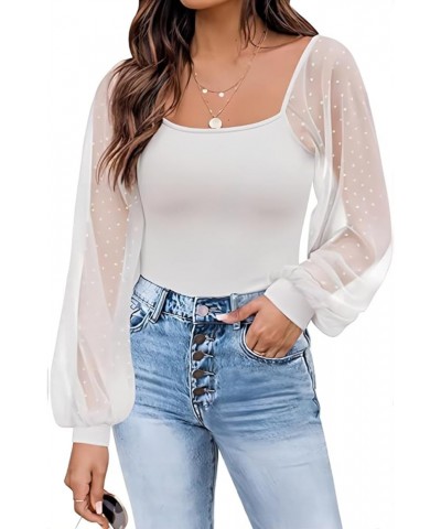 Women's Square Neck Ribbed Knit Sheer Mesh Long Sleeve Blouse Tops White $14.76 Blouses