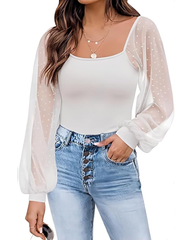 Women's Square Neck Ribbed Knit Sheer Mesh Long Sleeve Blouse Tops White $14.76 Blouses