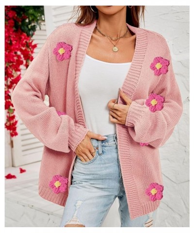 Women's Flower Cardigan Lantern Sleeve Sweater Flower Applique Open Front Knit Cardigan Sweater Floral Fit Knit Outfit Pink $...