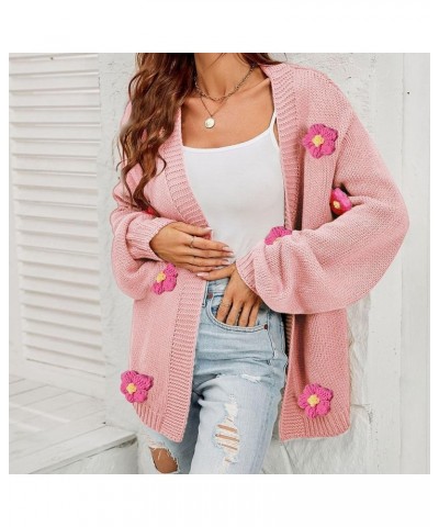 Women's Flower Cardigan Lantern Sleeve Sweater Flower Applique Open Front Knit Cardigan Sweater Floral Fit Knit Outfit Pink $...