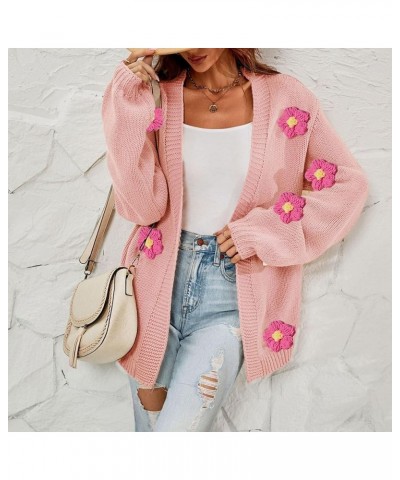 Women's Flower Cardigan Lantern Sleeve Sweater Flower Applique Open Front Knit Cardigan Sweater Floral Fit Knit Outfit Pink $...